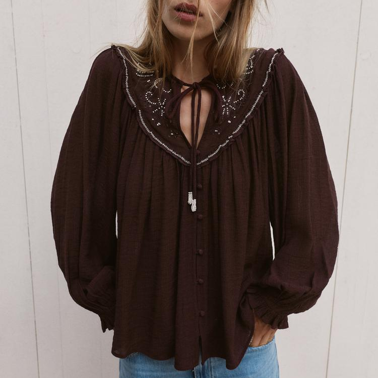 Women Long Sleeve Casual Beaded Embroidered Shirt
