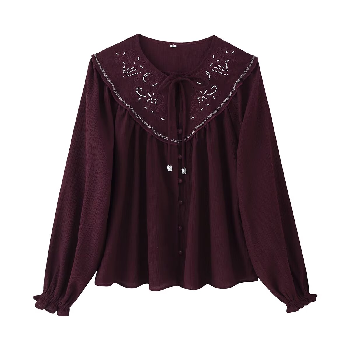Women Long Sleeve Casual Beaded Embroidered Shirt