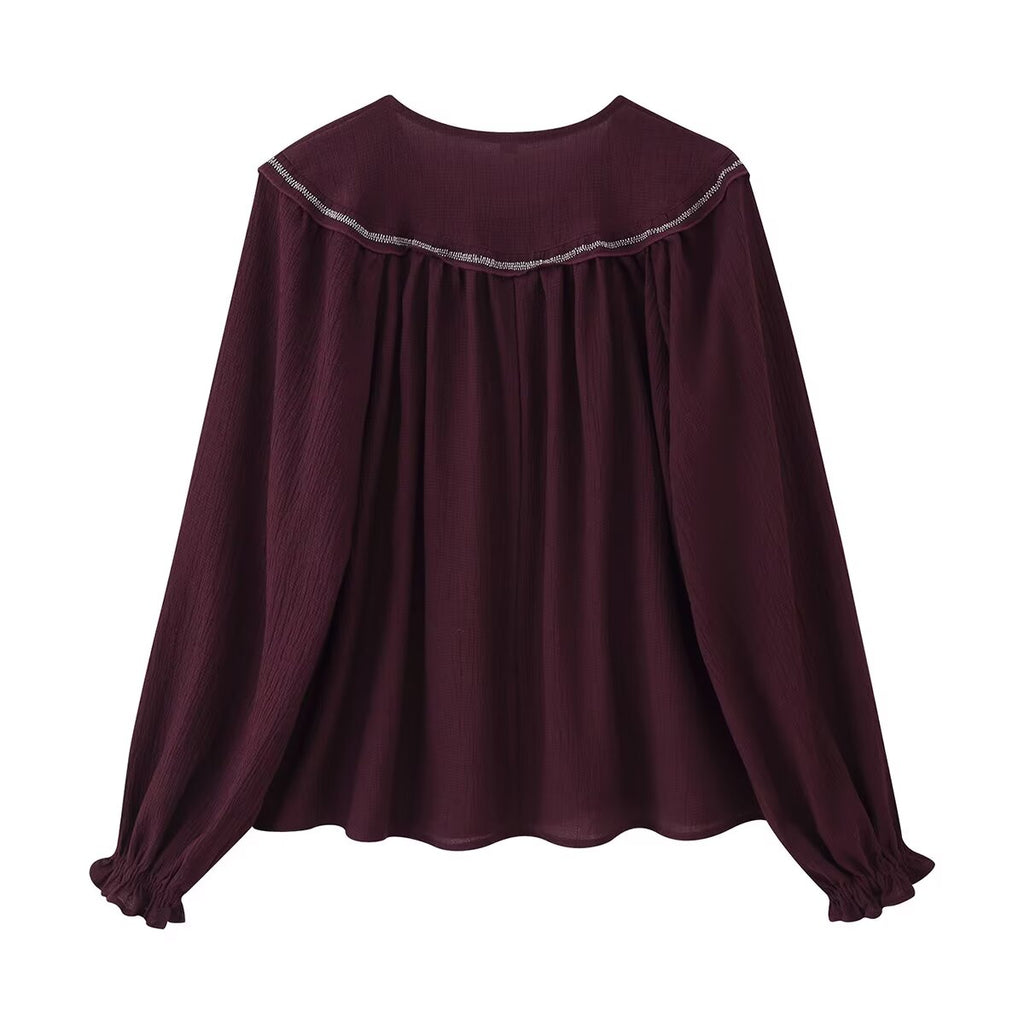 Women Long Sleeve Casual Beaded Embroidered Shirt