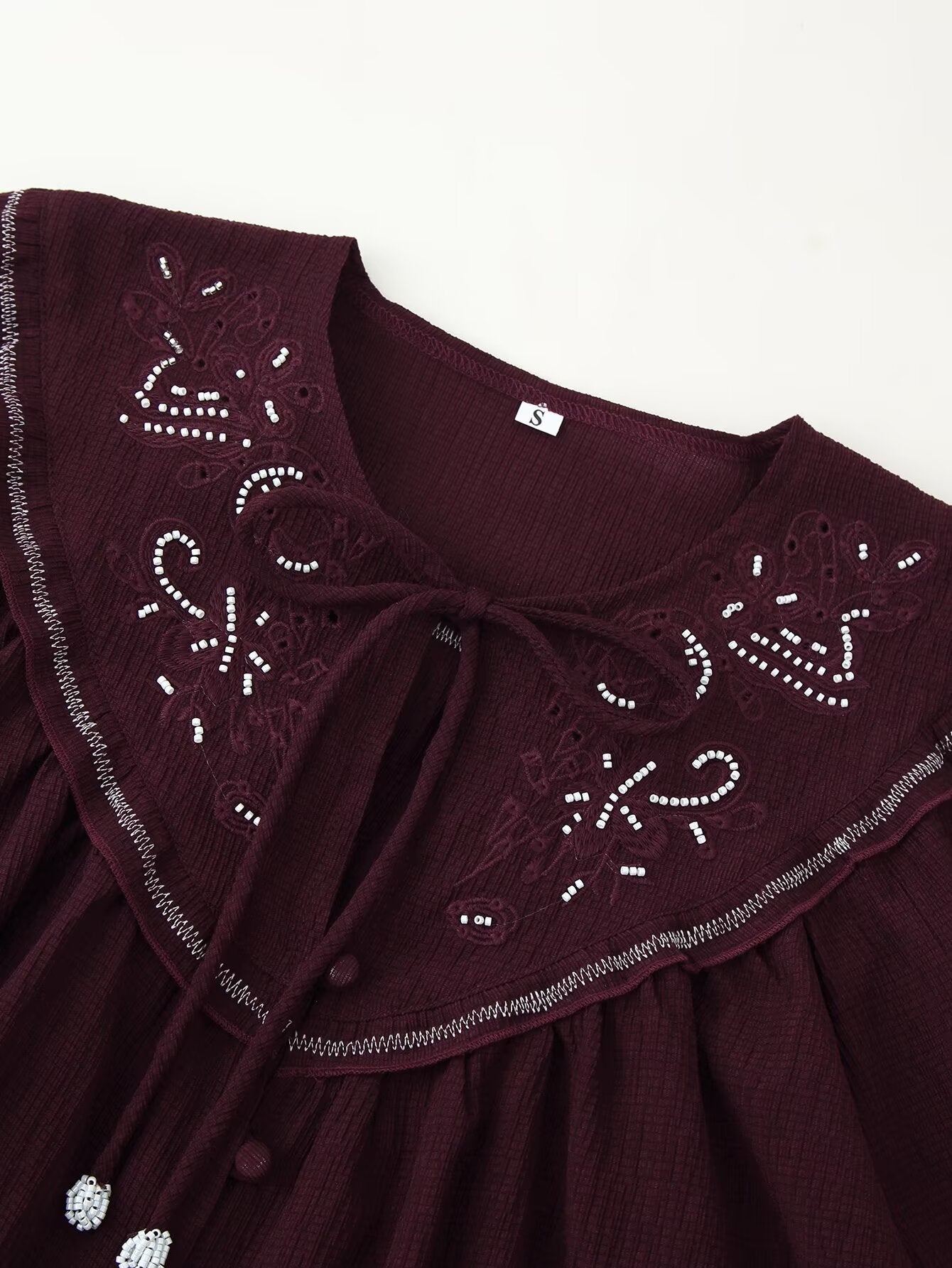 Women Long Sleeve Casual Beaded Embroidered Shirt