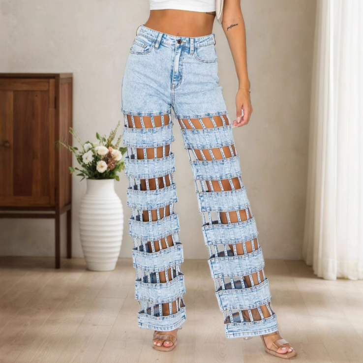 Women Ripped Jeans Women Clothing Street Hollowed out High Waist Straight Pants