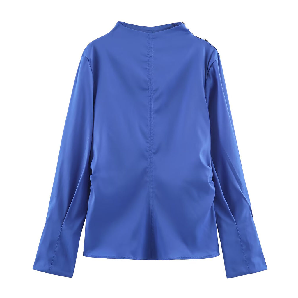 Women Clothing Fall Retro Blue Pullover Pleated Shirt