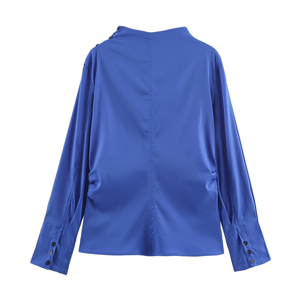 Women Clothing Fall Retro Blue Pullover Pleated Shirt