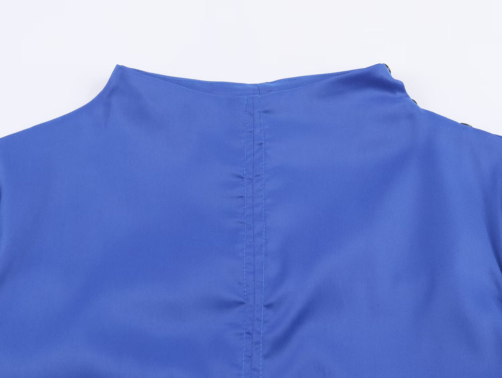 Women Clothing Fall Retro Blue Pullover Pleated Shirt