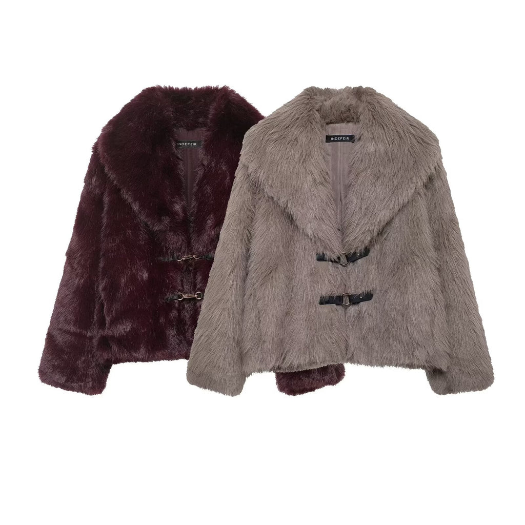 Autumn Winter High Grade Loose Artificial Fur Effect Long Sleeved Jacket Coat