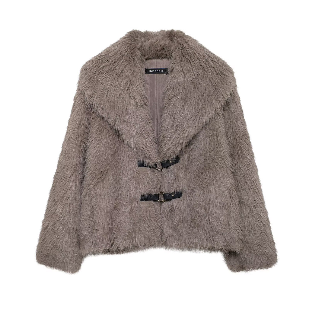 Autumn Winter High Grade Loose Artificial Fur Effect Long Sleeved Jacket Coat