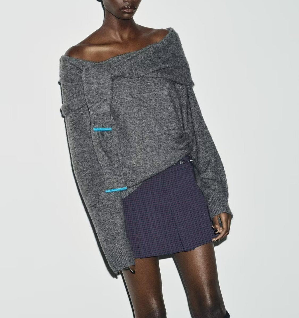 Autumn Dignified Sense Design off Shoulder Bow Tie Knitted Sweater Pullover Sweater