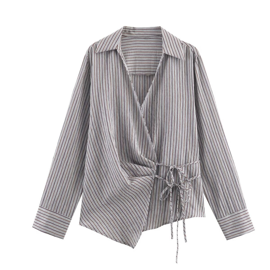 Women Collared Long Sleeve Double Breasted Striped Bow Shirt Top