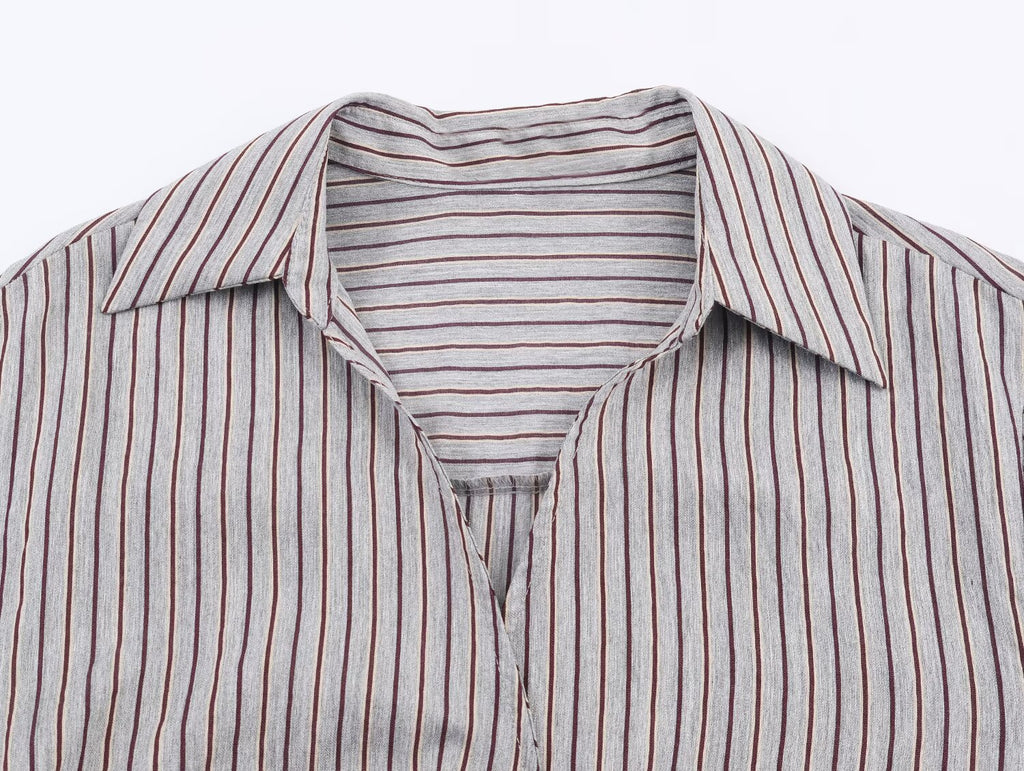 Women Collared Long Sleeve Double Breasted Striped Bow Shirt Top