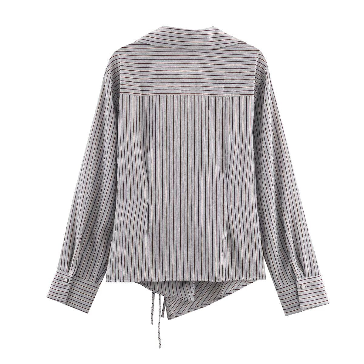 Women Collared Long Sleeve Double Breasted Striped Bow Shirt Top
