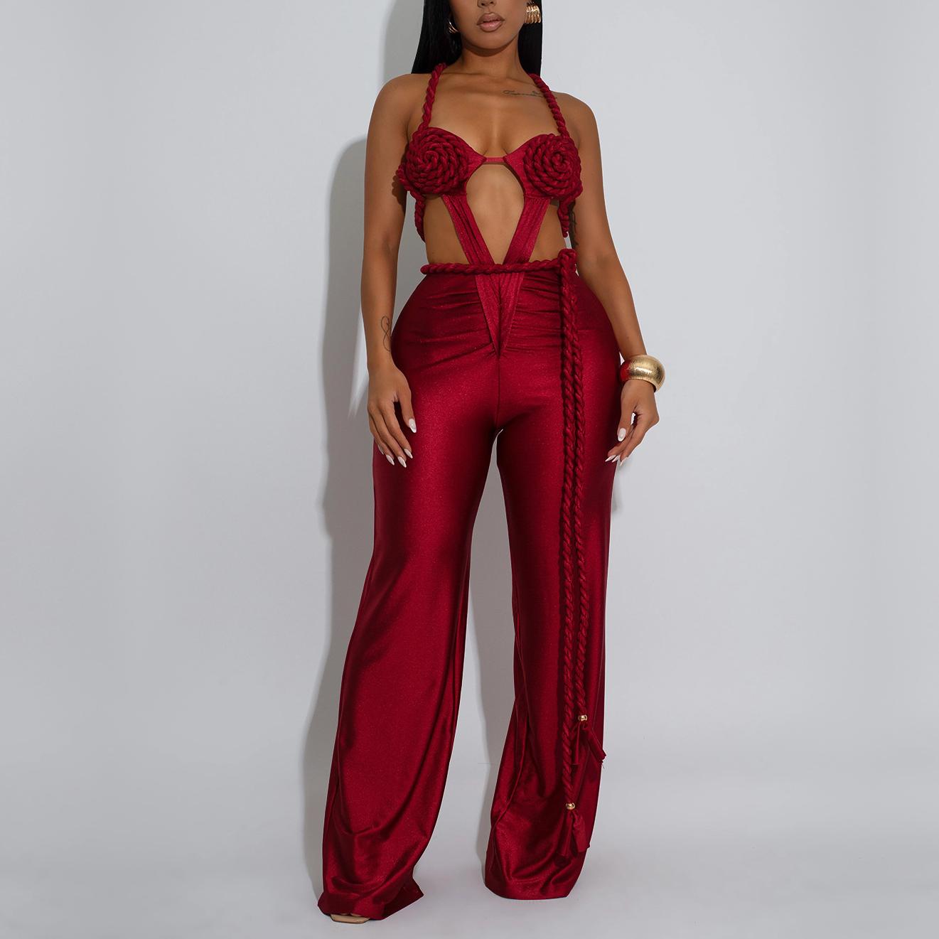 Women Wear Solid Color Sexy Bandeau Backless Lace up Jumpsuit