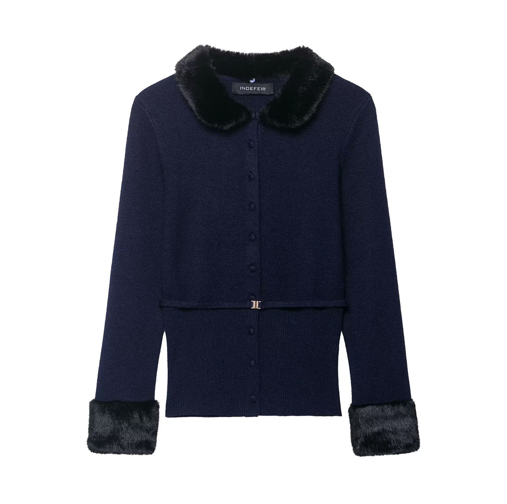 Elegant Artificial Fur Effect Splicing Knitwear Coat