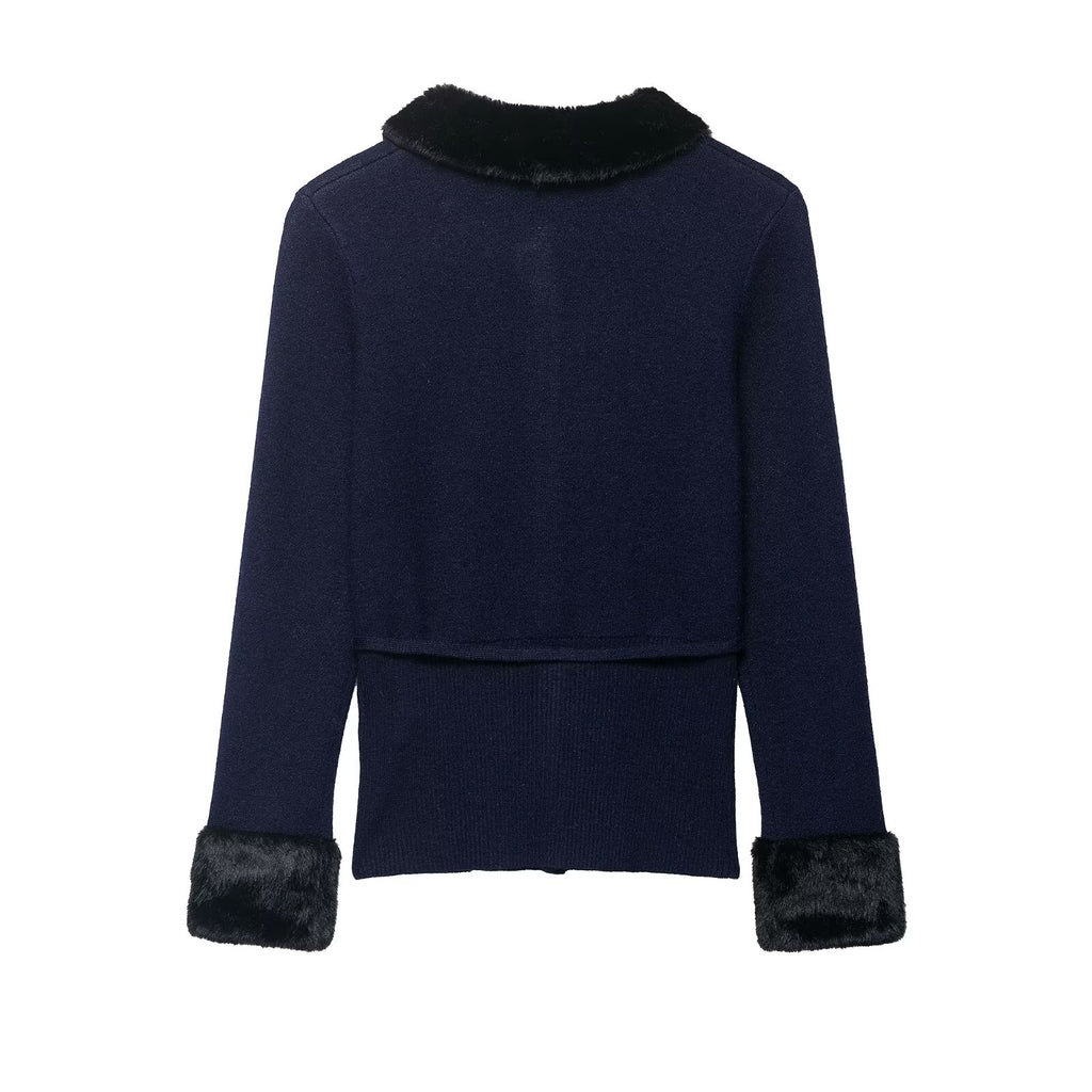 Elegant Artificial Fur Effect Splicing Knitwear Coat