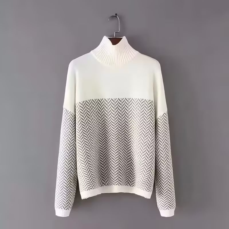 Suéter de cuello alto con contraste de color y ondas de hilo hilado sencillo de moda para mujer de otoño