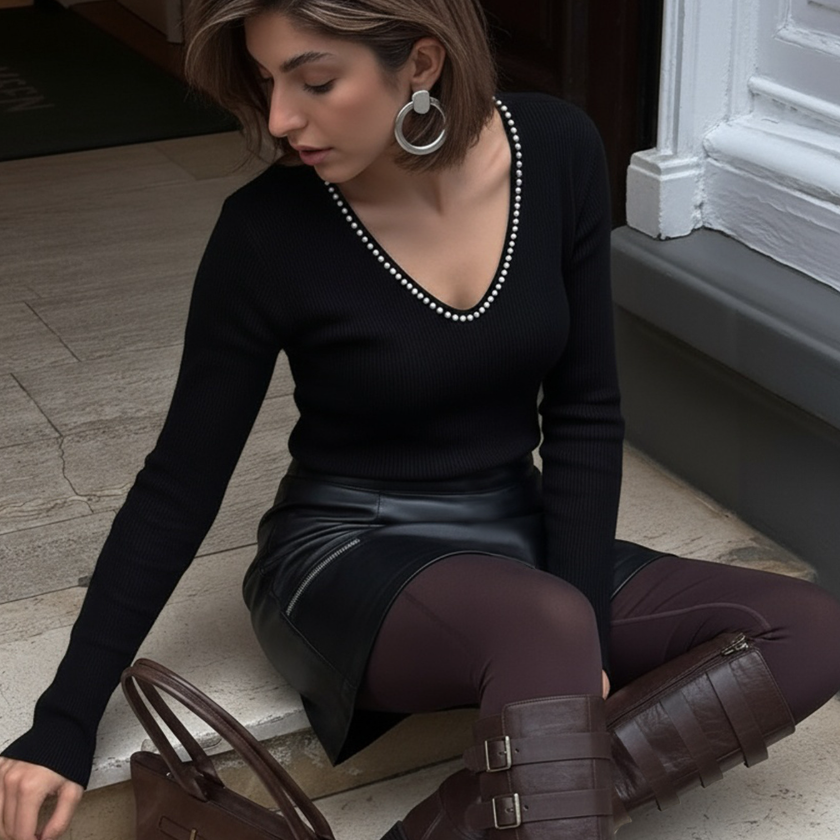 Elegance V neck Pearl Sunken Stripe Knitted Bottoming Shirt Slim Fit Autumn Winter Women Clothing Long Sleeve Sweater