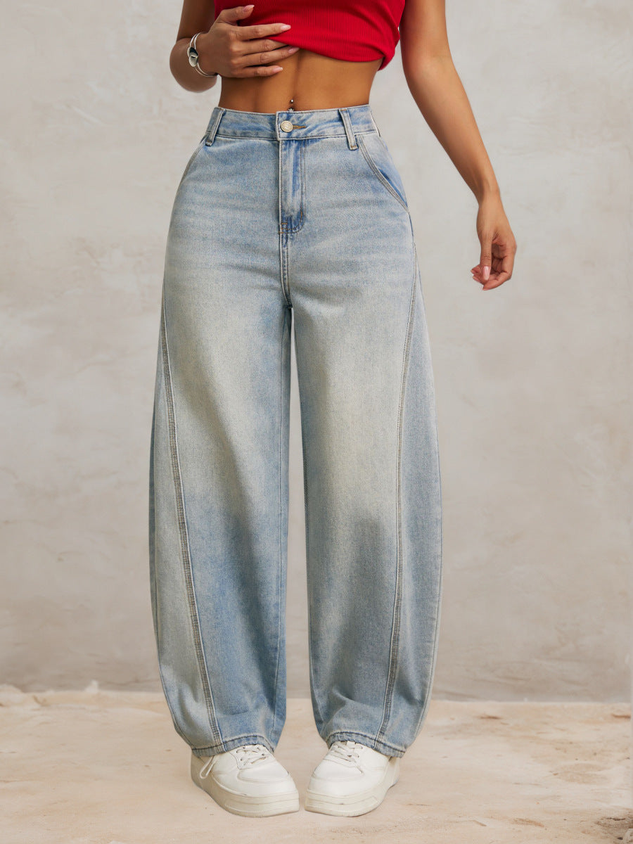Light Blue Retro Patchwork Machete Jeans Women Spring Summer Split Loose Wide Leg Banana Grandma Pants