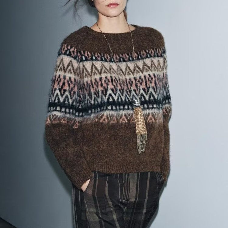 Women Clothing Autumn Winter Color Wiping Effect Jacquard Sweater
