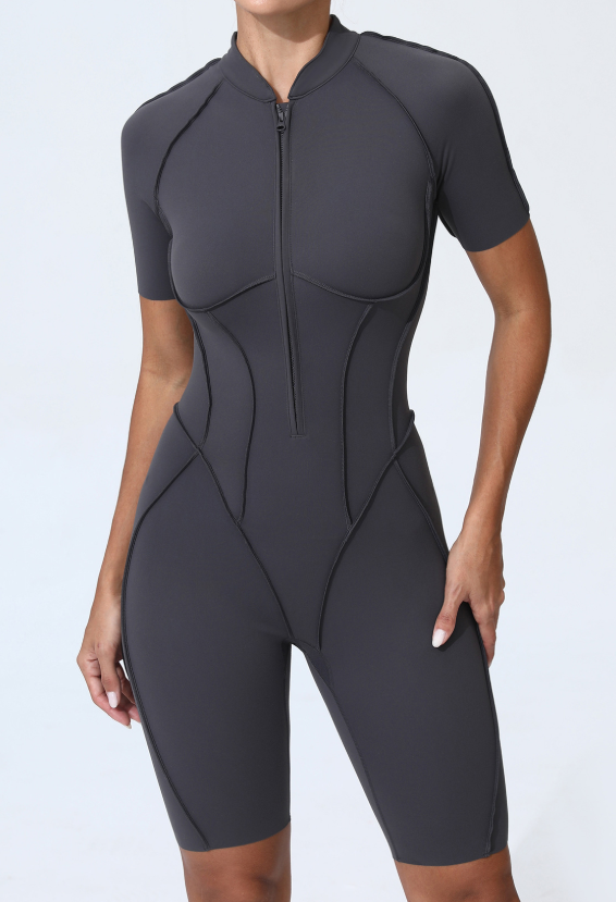 No Chest Pad Fitness Tight Sports One Piece Set Zipper Short Sleeve Yoga Jumpsuit