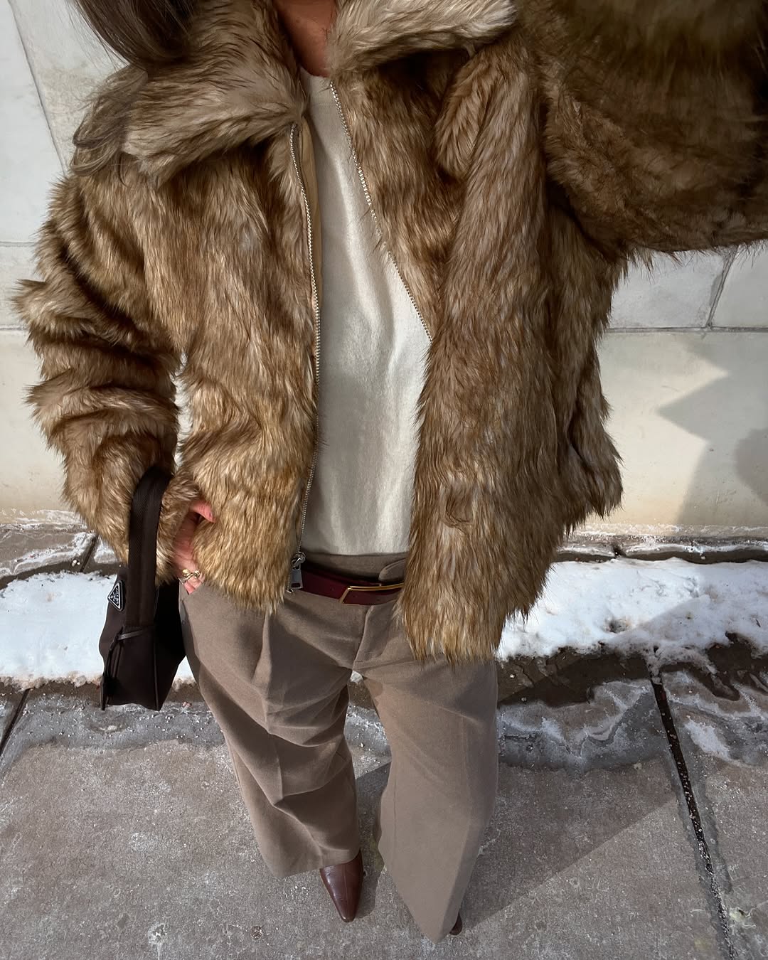 Women Stand Collar Long Sleeve Artificial Fur Effect Plush Jacket Short Coat