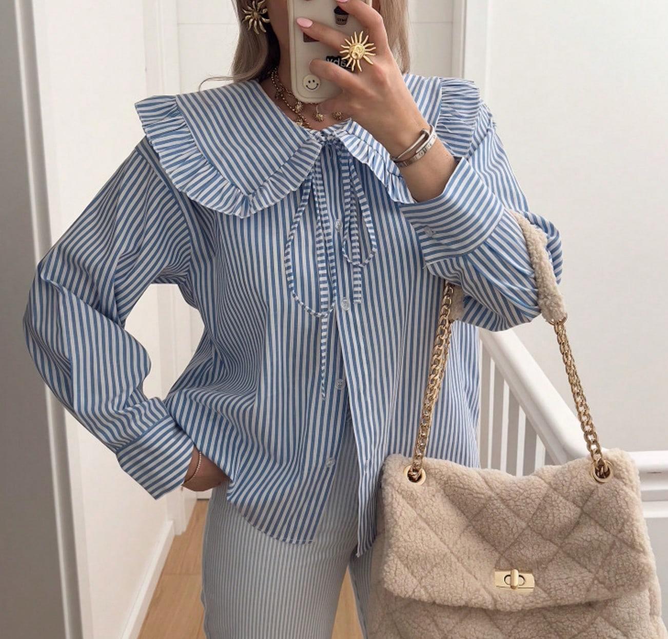 Spring Wooden Ear Women Striped Shirt Doll Collar Elegant