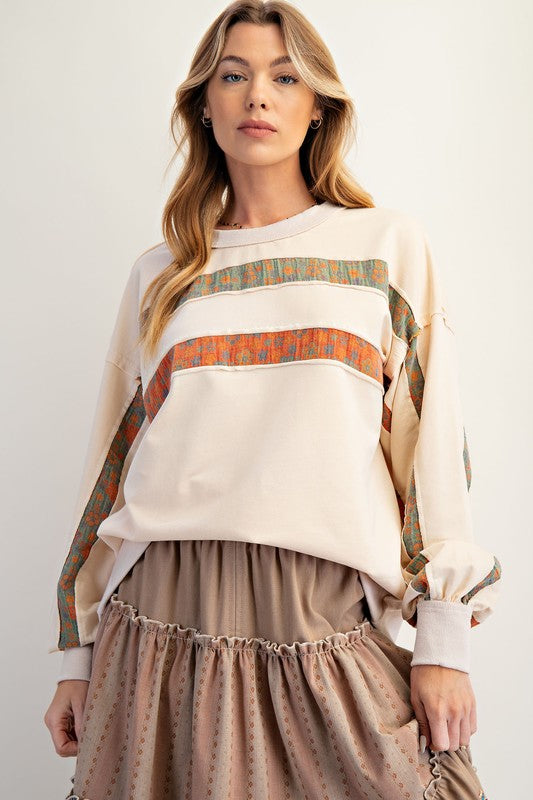 Vêtements d'automne pour femmes - Sweat-shirt à col rond imprimé et coutures apparentes - Haut décontracté pour femmes