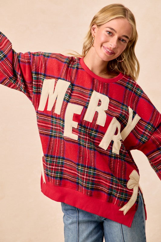 Pull-over femme automne-hiver avec nœud de Noël brodé et fente latérale