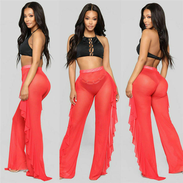 Solid Color Ruffles Sexy Mesh See-through Trousers