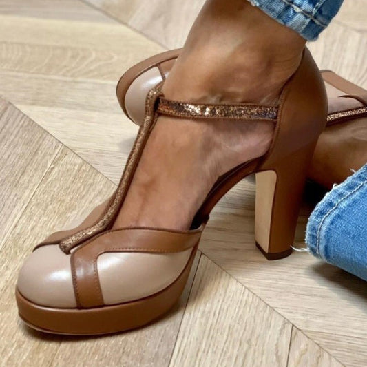 Fashion High Heel Thick Bottom T-shaped Buckle With Pumps Women