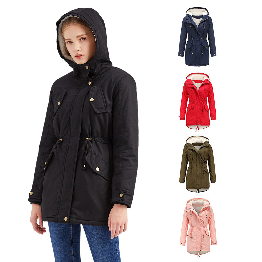 Size Autumn Winter New Women Cotton-Padded Coat Women Solid Color Hooded Drawstring Cinched Thickening Cotton-Padded Coat Velvet Cotton Clothes