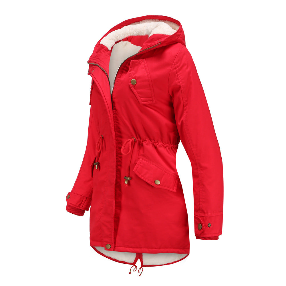 Size Autumn Winter New Women Cotton-Padded Coat Women Solid Color Hooded Drawstring Cinched Thickening Cotton-Padded Coat Velvet Cotton Clothes