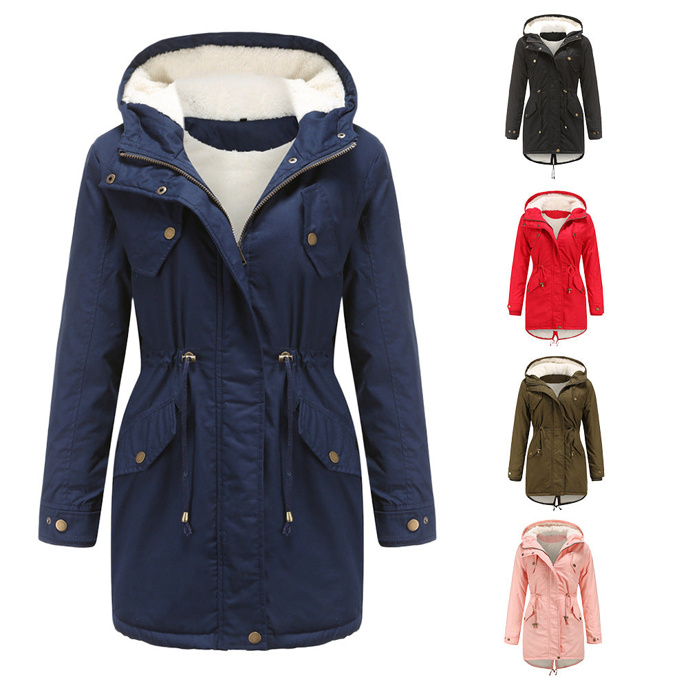 Size Autumn Winter New Women Cotton-Padded Coat Women Solid Color Hooded Drawstring Cinched Thickening Cotton-Padded Coat Velvet Cotton Clothes