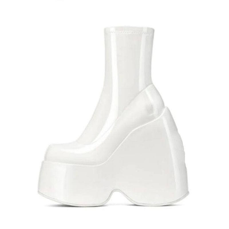 Women's Fashion Platform Muffin Heel Square Toe Casual Side Zipper Booties