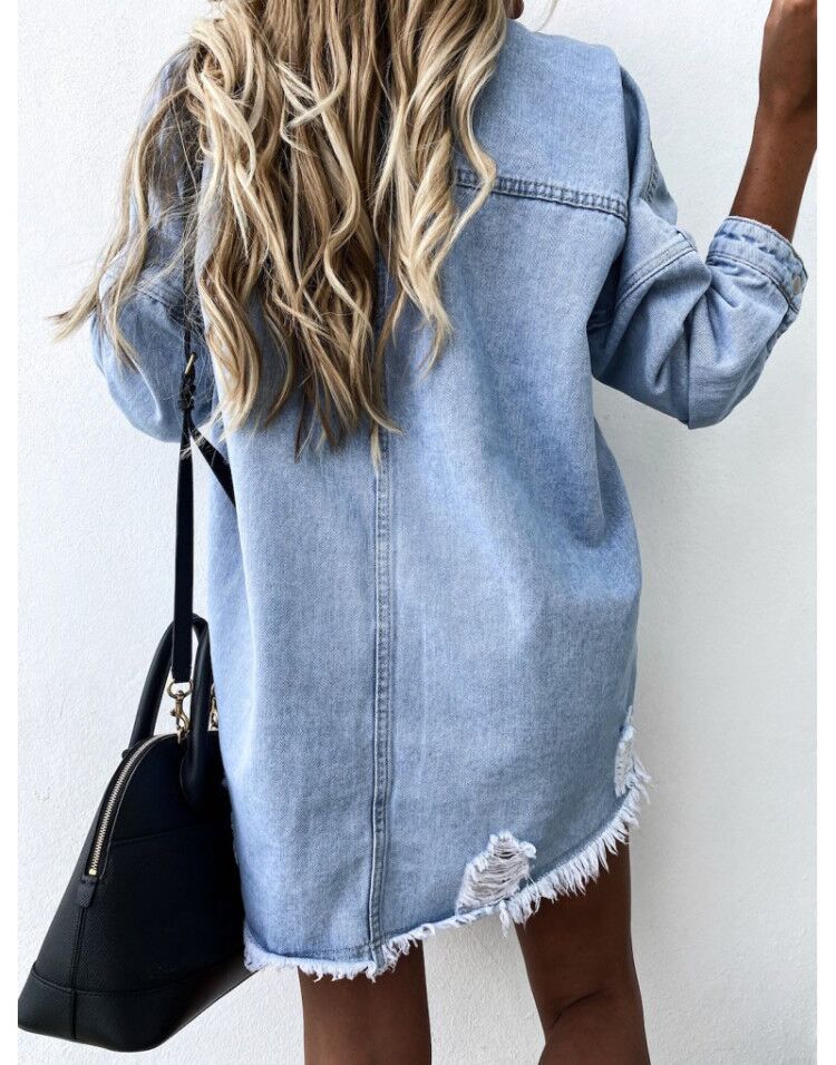 Mid-Length Loose Hole Batwing Sleeve Boyfriend Boyfriend Denim Shacket Top Outerwear