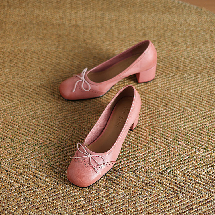 Women's Round Toe Shallow Mouth Gentle Bow Mid Heel Leather Shoes