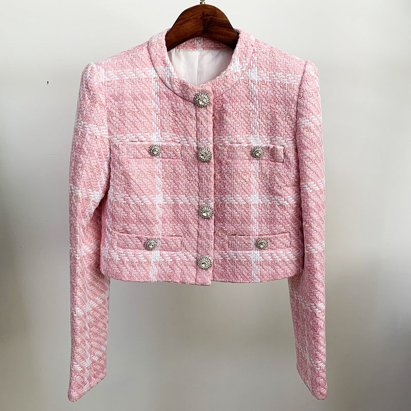 Autumn Winter High-Precision Fabric Diamond Button Classic Pink Plaid Woven Woolen Jacket Small Coat