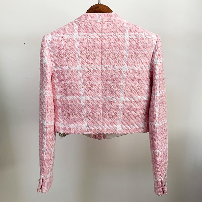 Autumn Winter High-Precision Fabric Diamond Button Classic Pink Plaid Woven Woolen Jacket Small Coat