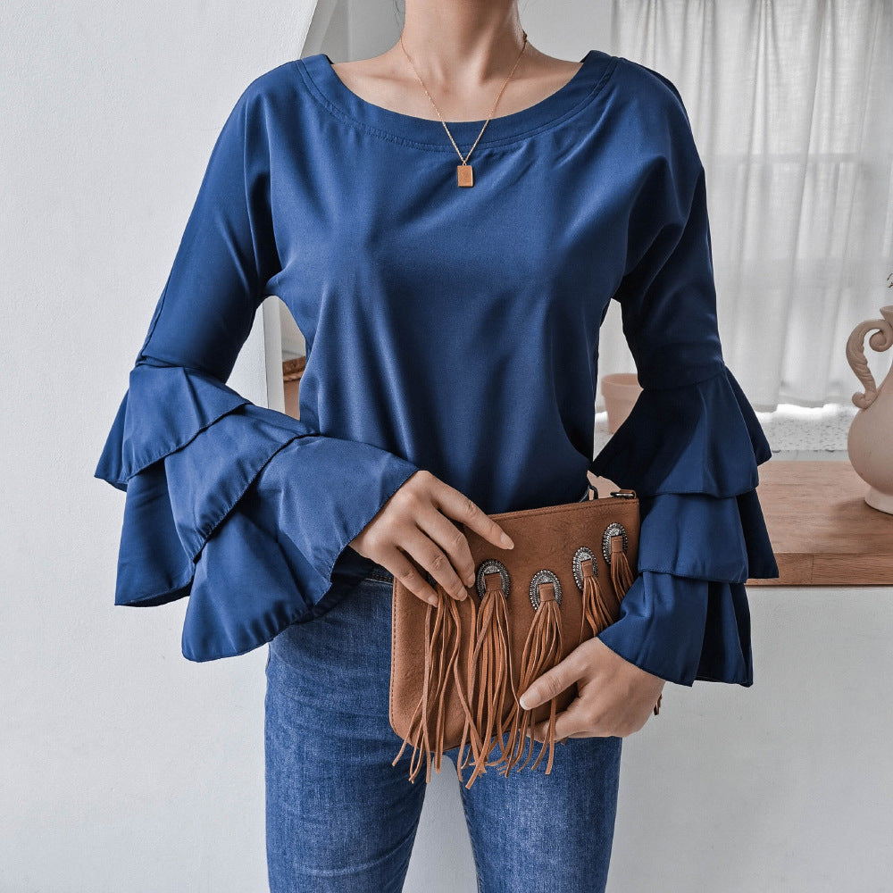 Autumn Winter Horn Long Sleeved Casual Chiffon Shirt Women Clothing Women Blouse