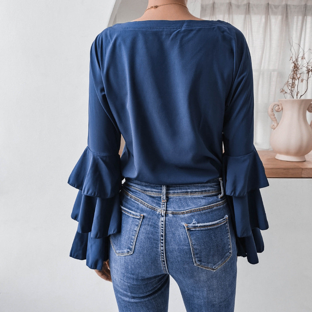 Autumn Winter Horn Long Sleeved Casual Chiffon Shirt Women Clothing Women Blouse