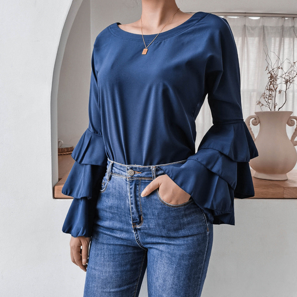 Autumn Winter Horn Long Sleeved Casual Chiffon Shirt Women Clothing Women Blouse