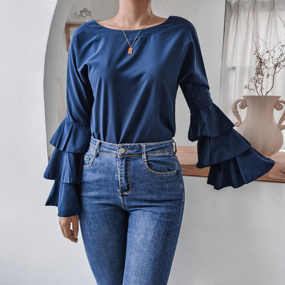 Autumn Winter Horn Long Sleeved Casual Chiffon Shirt Women Clothing Women Blouse