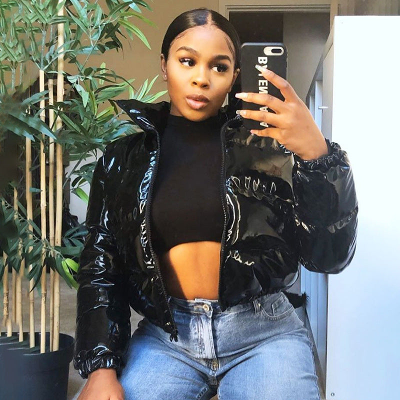 Women Clothing Winter Long leeved Zipped Stand up Collar Thermal Mirror Casual Cotton padded Jacket Outerwear