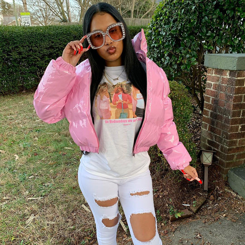 Women Clothing Winter Long leeved Zipped Stand up Collar Thermal Mirror Casual Cotton padded Jacket Outerwear