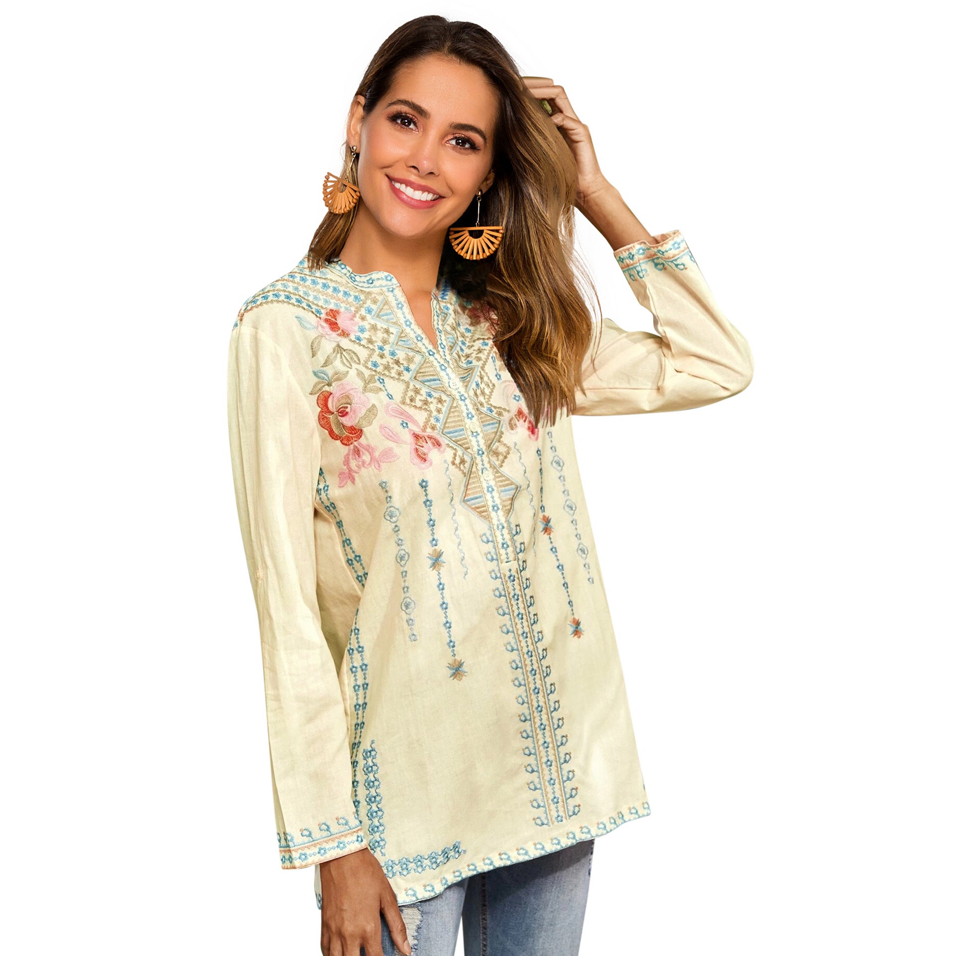 Spring Women Long-Sleeved Shirt Embroidered Overseas Mid-Length Stand Collar Shirt