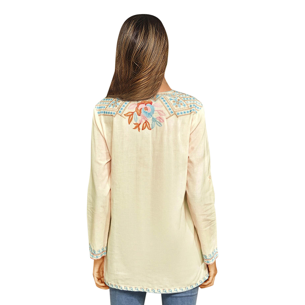 Spring Women Long-Sleeved Shirt Embroidered Overseas Mid-Length Stand Collar Shirt