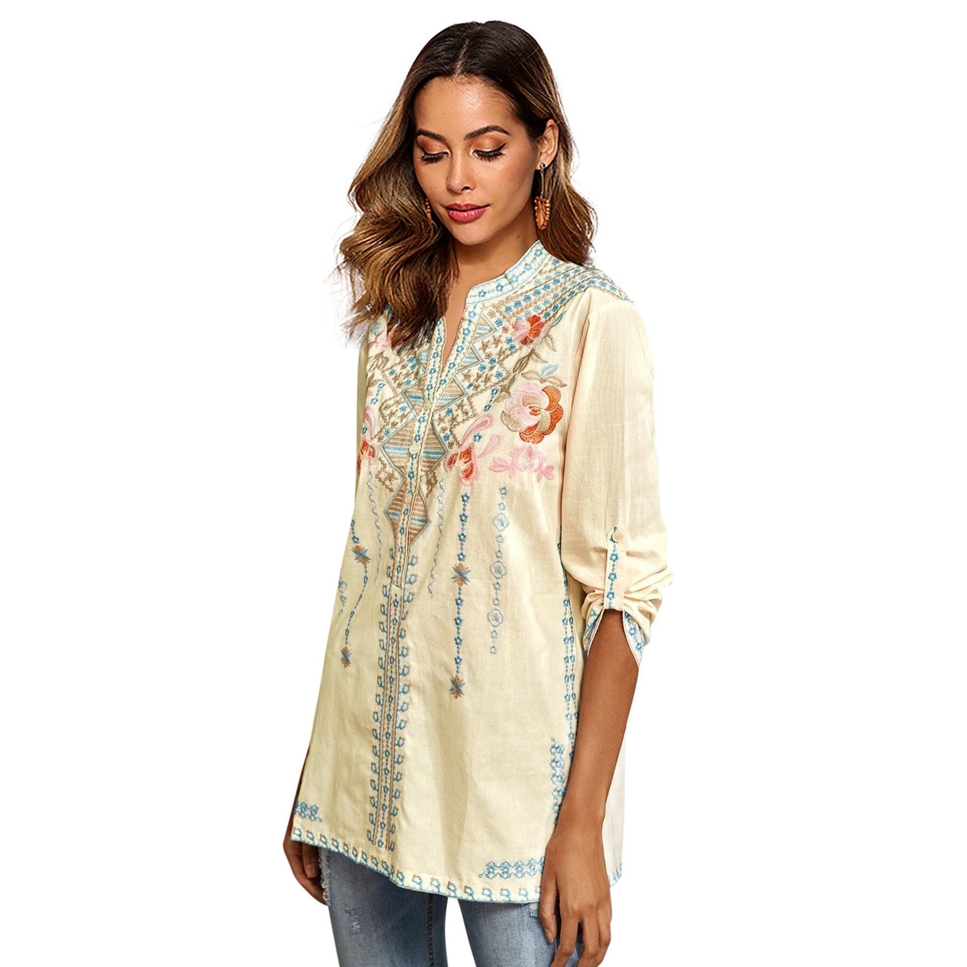 Spring Women Long-Sleeved Shirt Embroidered Overseas Mid-Length Stand Collar Shirt
