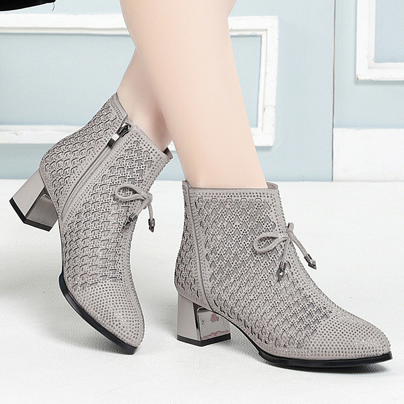Women's Shoes Chunky Heel Mesh Boots Hollow Rhinestone High Heels