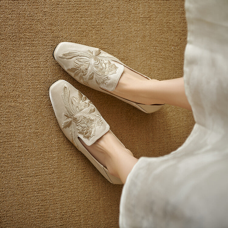 Embroidery Low-cut Flat Pumps Women's Soft Bottom