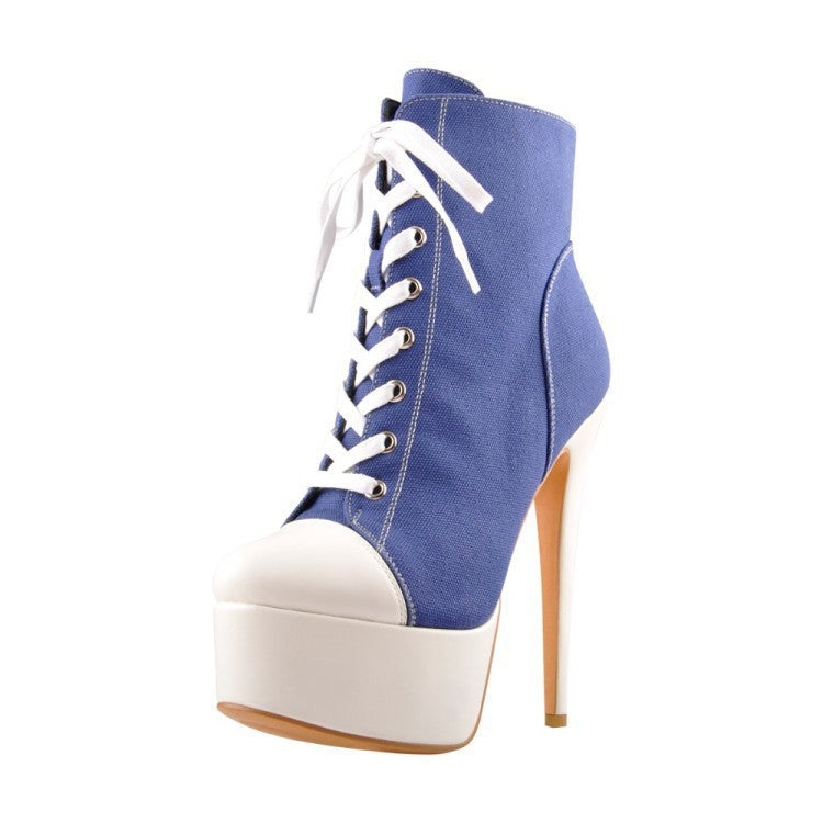 Women's Round Toe High Platform Denim Lace-up Ankle Boots