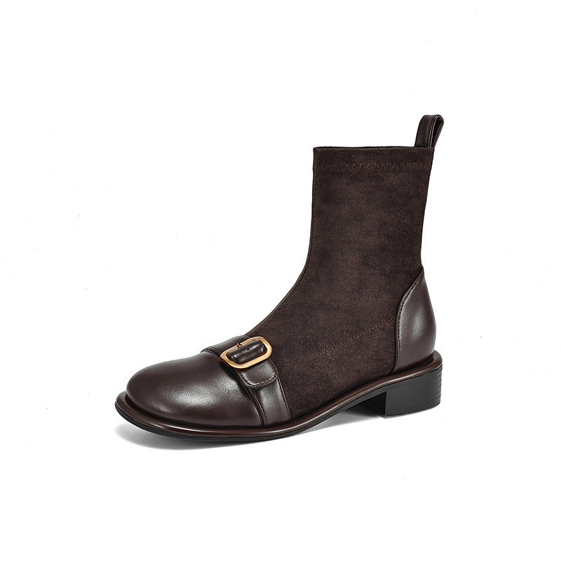 Casual Low Heel Martin Boots Belt Buckle Stitching Short Boots