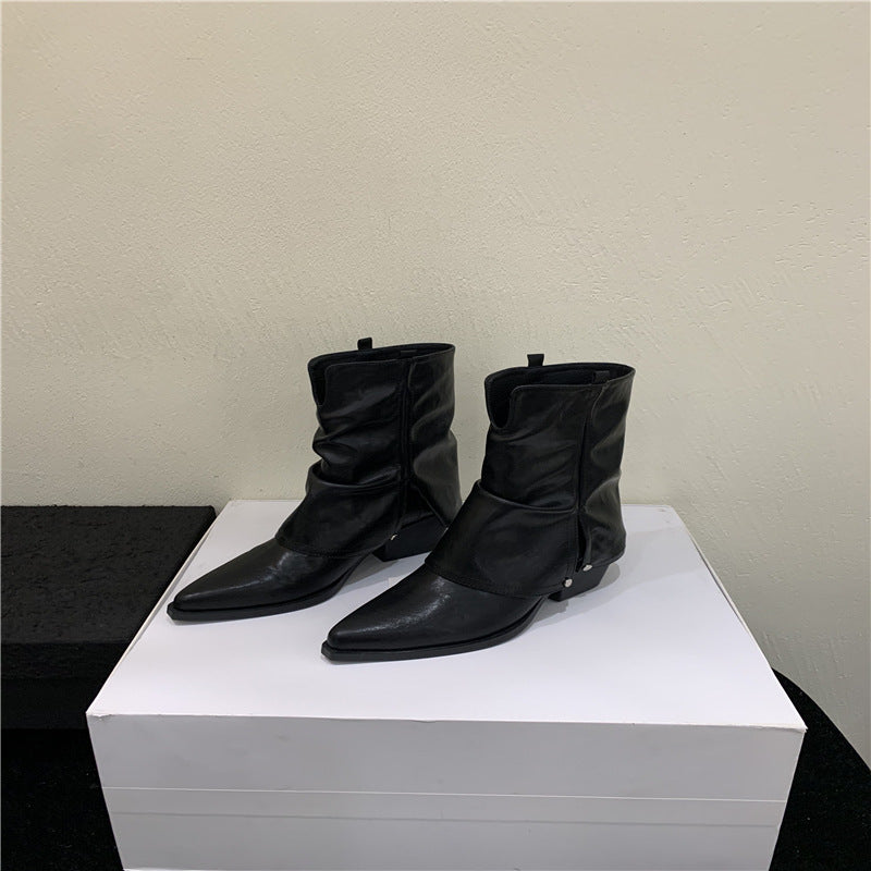 Chunky Heel Pointed Pants Fried Street Small Women's Western Denim Boots